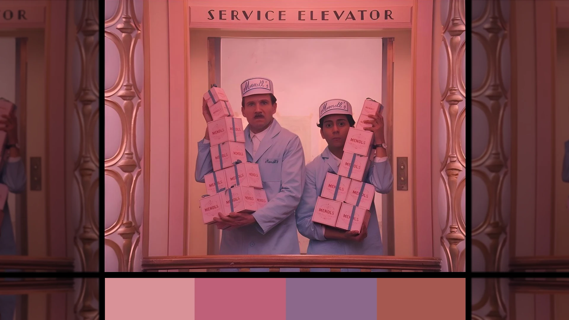 A still from The Grand Budapest Hotel in dusty pinks and mauves, with its colour palette shown beneath