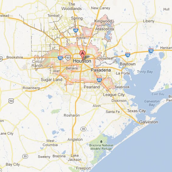 Map of Houston and the surrounding Texas Gulf Coast, with Houston marked
